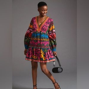 Farm x Anthropologie V-Neck Puff-Sleeve Mini Dress